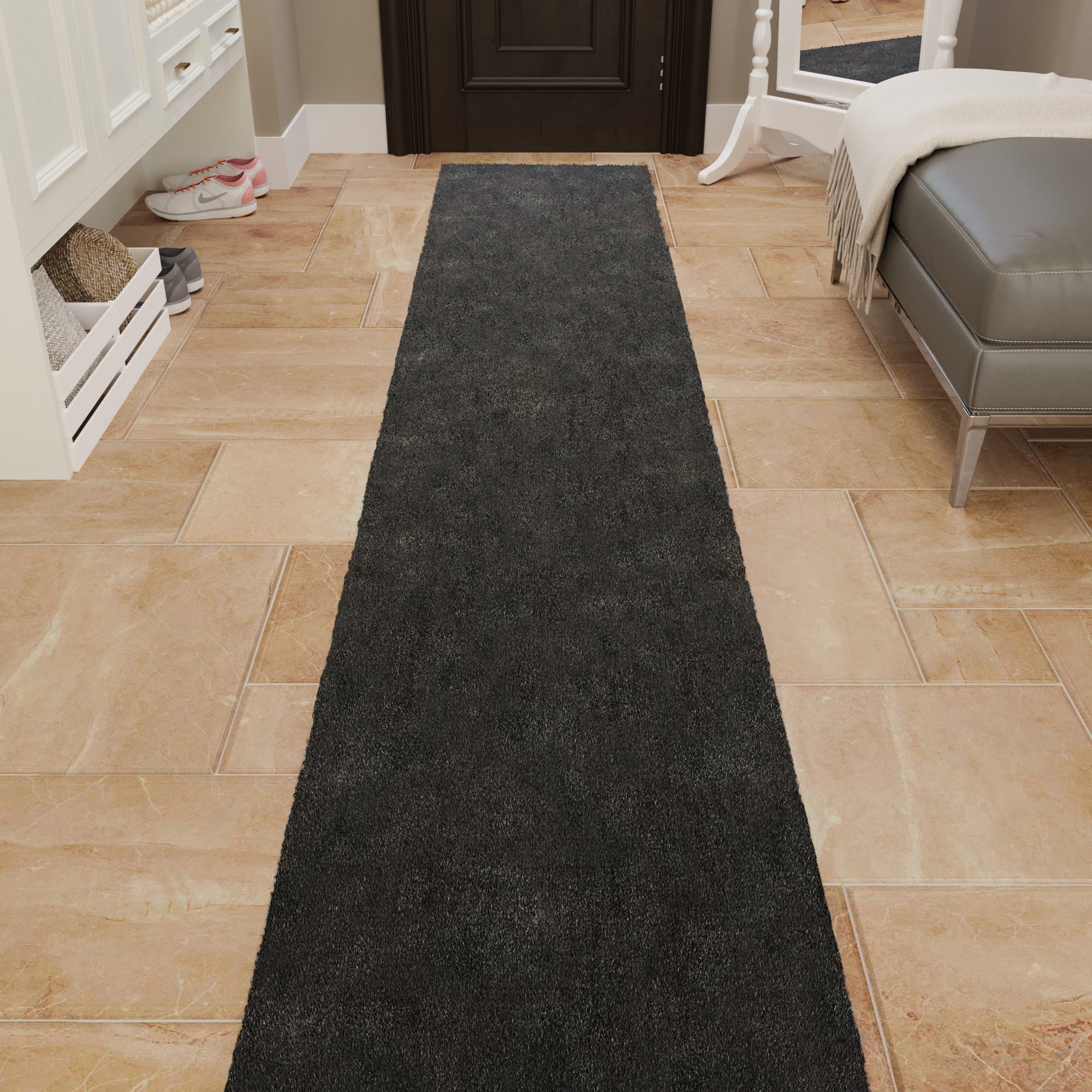 Ottomanson Aisle Runner Rug 1'11.6" x 33' – Non-Slip Plush Extra Long Indoor Runner, Charcoal