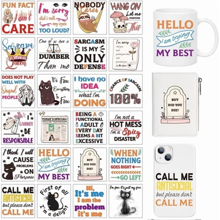 24 Pcs Funny Phrases UV DTF Cup Wrap 24 Sheets Sarcasm Cat Sloths Woman Patterns Rub on Decals Waterproof PVC Transfer Stickers for Glass Cups Wood Crafts 8x8cm Mixed Color
