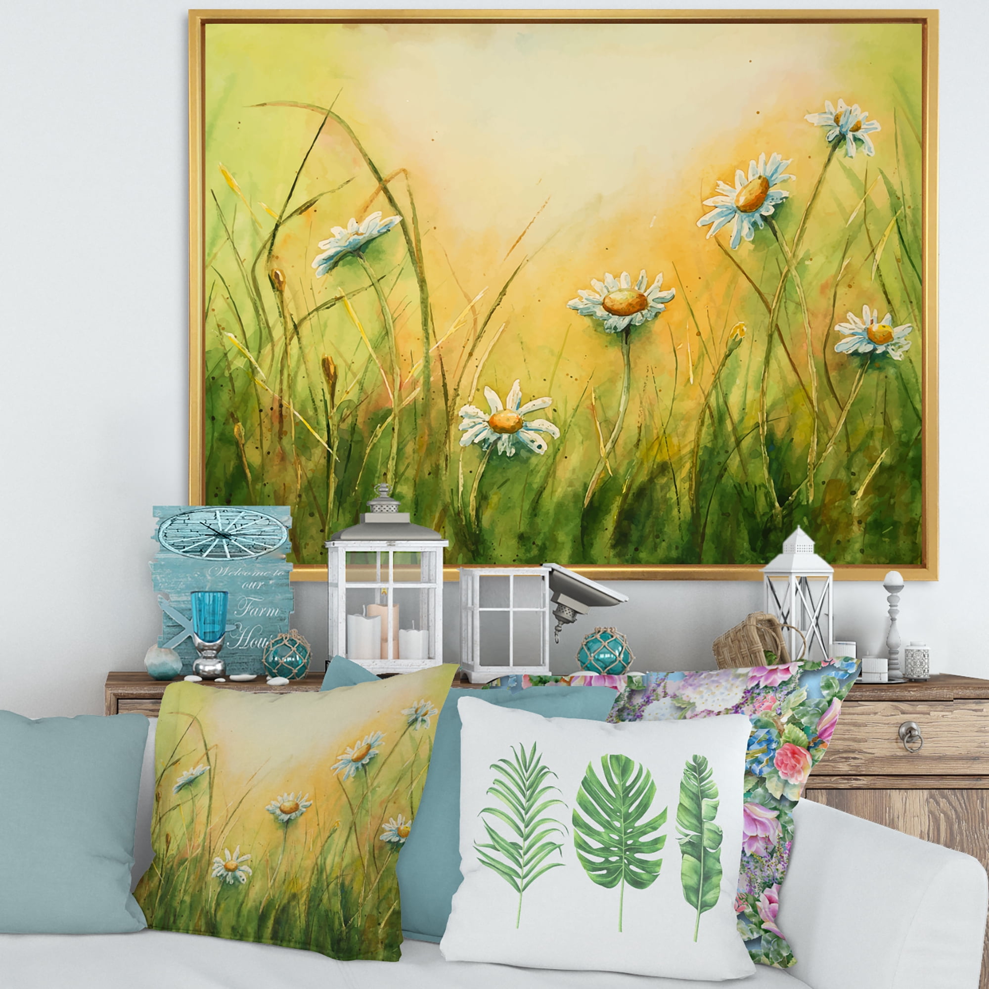 Designart 'Sunset Field With Herbs and Chamomiles' Traditional Framed Canvas Wall Art Print