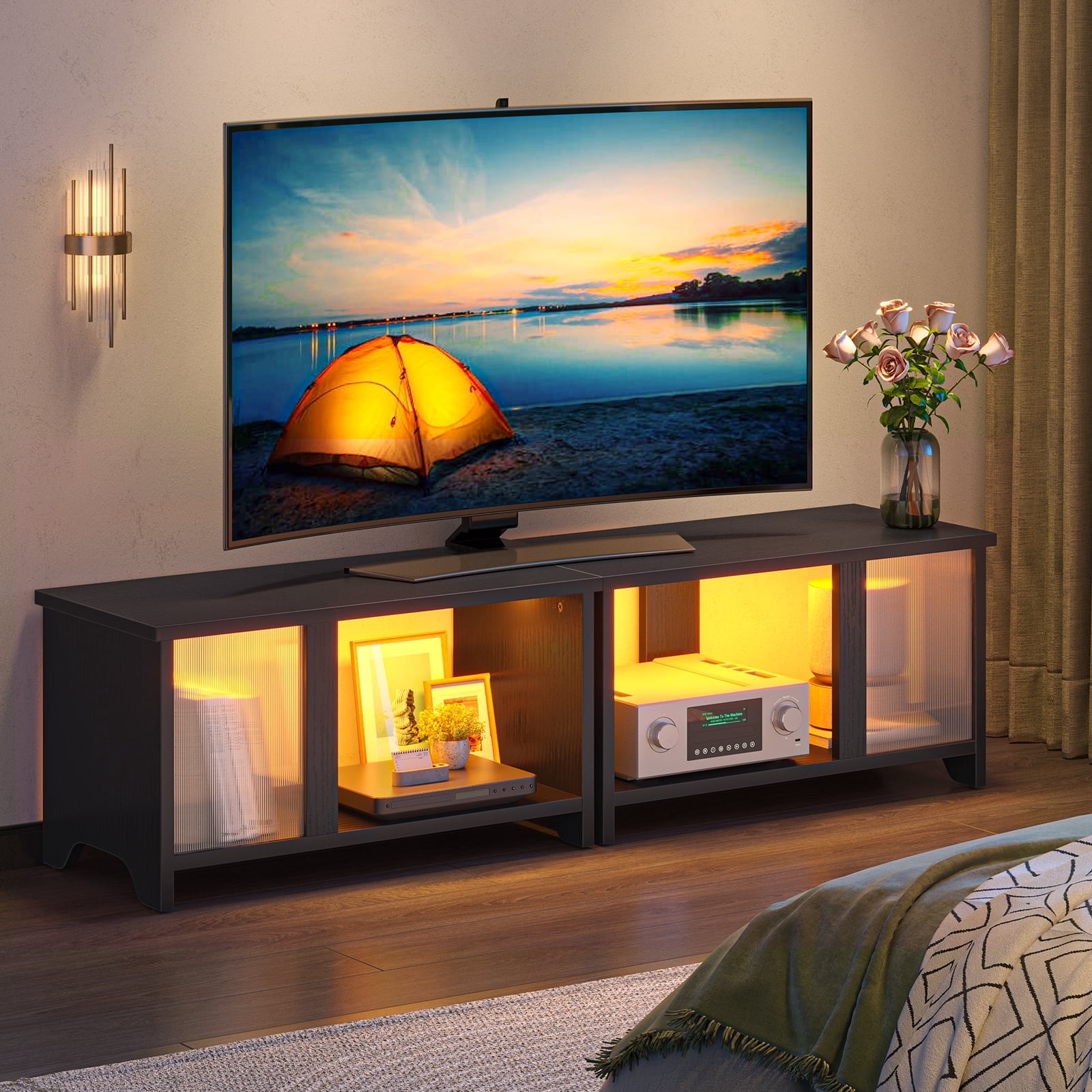 Pinmoco LED TV Stand for TVs up to 65'', Expandable Side by Side or Stacking TV Stand with Storage, Black