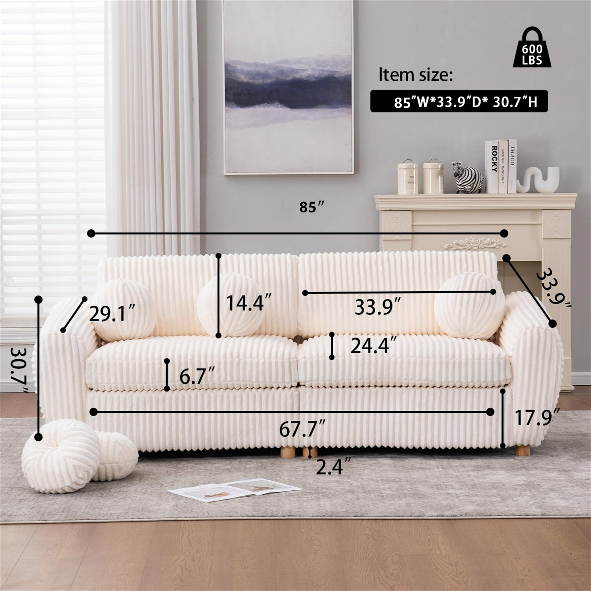 Aukfa 85" Modern Comfy Sofa, Upholstered Deep Seat Couch for Living Room, 5 Pillows, Corduroy, Beige