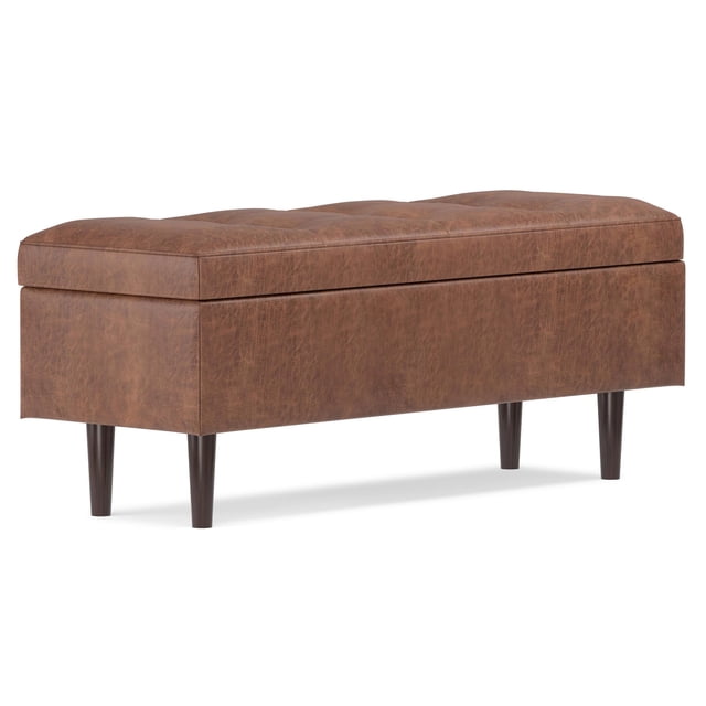 Shay 48 inch W. Modern Storage Ottoman in Distressed Saddle Brown Faux Leather