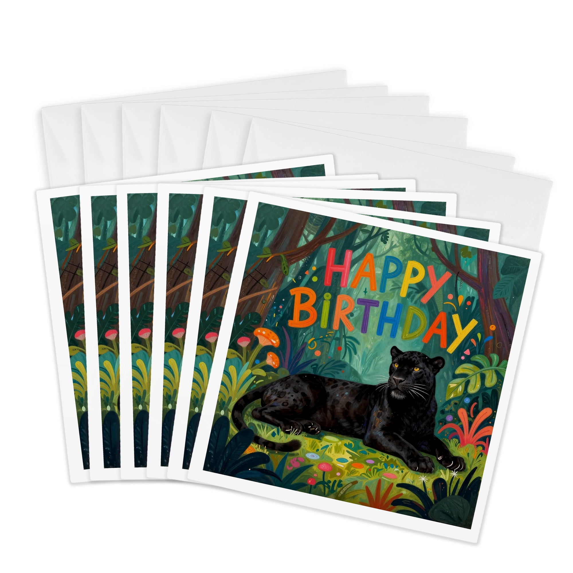 3drose Cool Black Panther in the Jungle. Happy Birthday. Art Gift Card 6 Greeting Cards with Envelopes