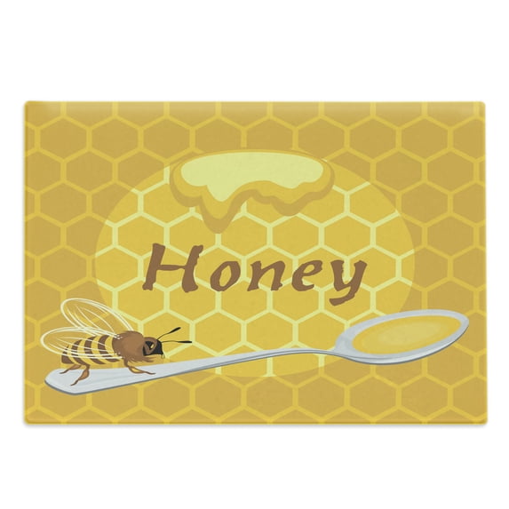 Honeycomb Cutting Board, Bee on a Spoon Full of Honey on Geometric Background Pattern Hive Theme, Decorative Tempered Glass Cutting and Serving Board, in 3 Sizes, by Ambesonne