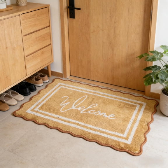 Scalloped Welcome Door Mat – Dirt-Scraper Textured Fiber Front Door Mat, Indoor/Outdoor Entrance Rug for Front, Back, Side Doors (1pc)