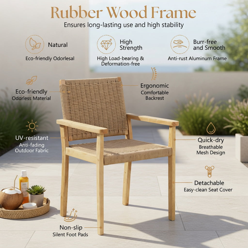 Hommoo Rubber Wood Dining Chairs Set of 2, Indoor & Outdoor Woven Paper Rope Chairs, Ideal for Patio, Balcony, Living Room & Kitchen, Natural