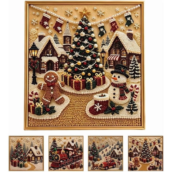 DIY Christmas Pearl Diamond Painting Art Kit with Frame, Christmas Pearl Beads Art DIY Christmas Pearl Diamond Painting Art Kit Gemstone Diamond Dots Beads for Home Wall Decor