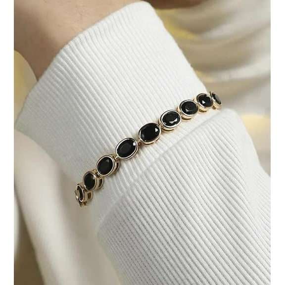 Women's S925 Sterling Silver Elegant Gold-Tone with Black Oval Crystal Stones, Classic Link Design Tennis Bracelet