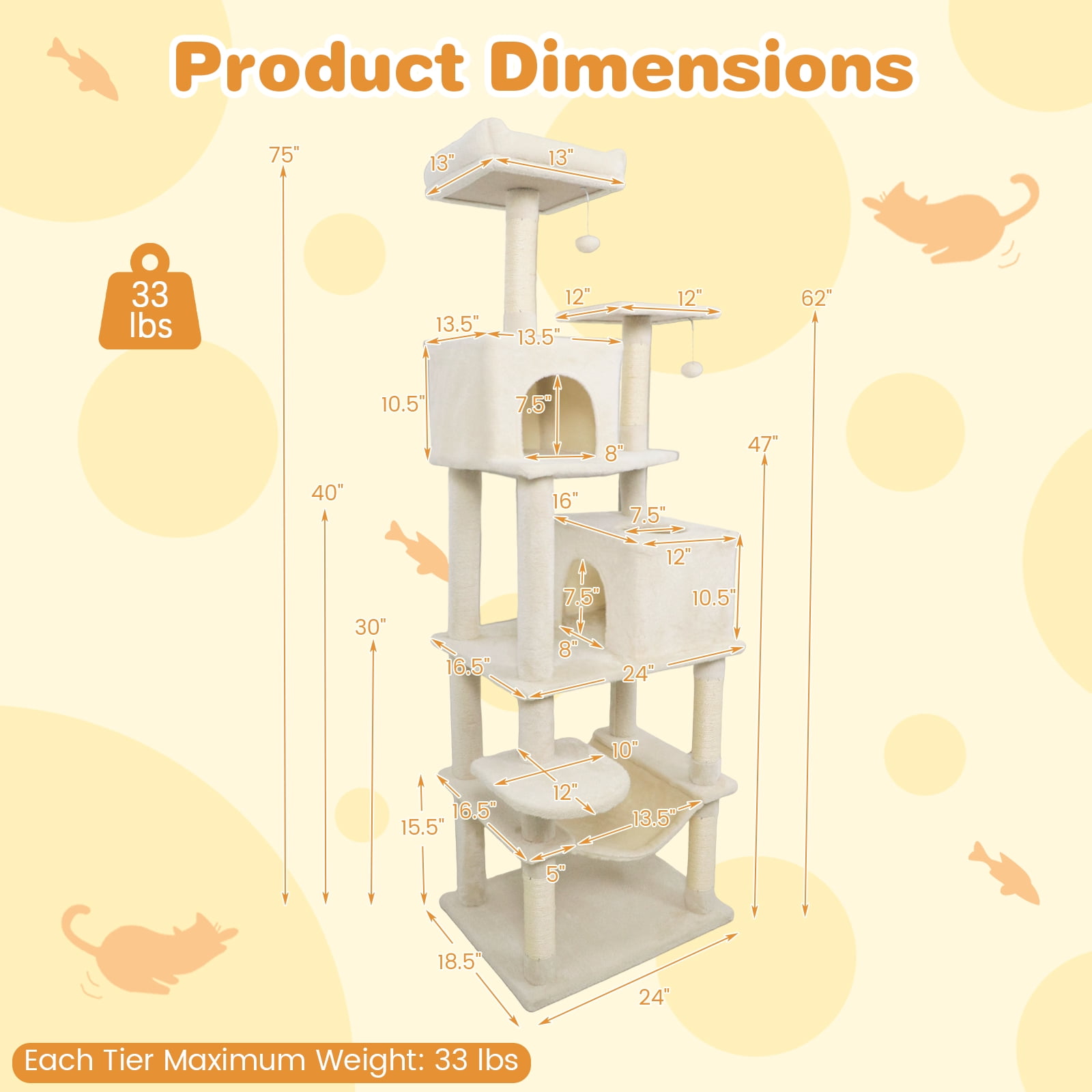 Costway 70” Cat Tree for Indoor Cats with Padded Top Perch, Dual Condos, Hammock, Platforms Beige