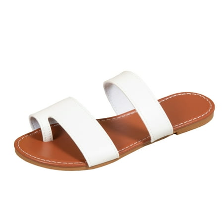 OJSFQUFP Womens Summer Slippers Ladies Fashion Summer Solid Leather Cover Toe Flat Bottom Open Toe Beach Sandals Soft Sole Outdoor Beach Shoes Slippers for Women White 42