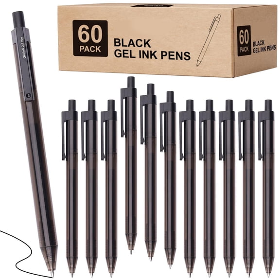 Black Gel Pens Bulk, Fine Point Smooth Writing No Smudge, 0.7mm Ink, Retractable Rollerball, Server, Office Lapiceros (60 Pack)