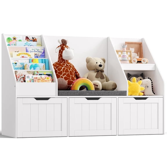 Gizoon Kids Toy Storage Organizer and Bookshelf with Reading Nook Bench, 3 Movable Drawers, White