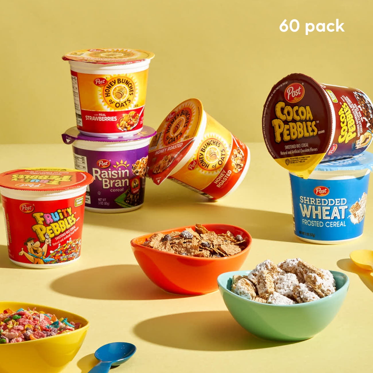 Post Cereal Favorites Breakfast Cereal To-Go Cups - Fruity PEBBLES, Cocoa Pebbles, Honey Bunches of Oats with Strawberries, Honey Bunches of Oats Honey Roasted, Raisin Bran, Shredded Wheat (60 Pack)