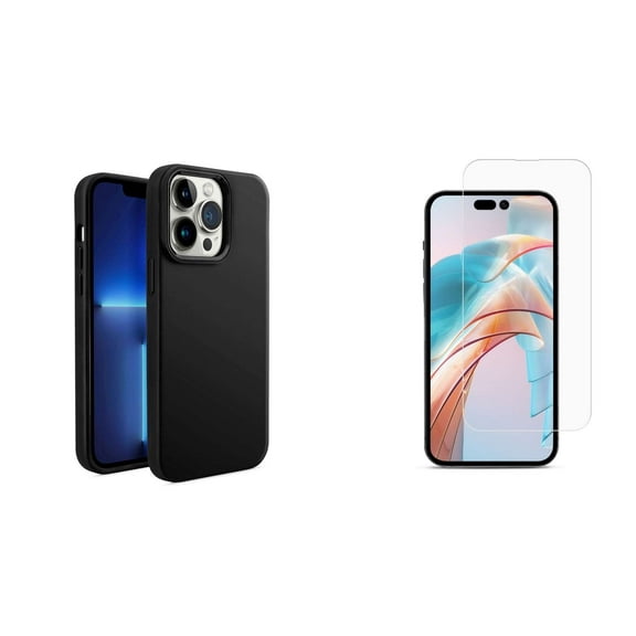 Bemz Phone Case Compatible with iPhone 15 Pro with Tempered Glass Screen Protector, Liquid TPU Silicone (Metal Buttons/Camera Edges) Protection Cover (Black)