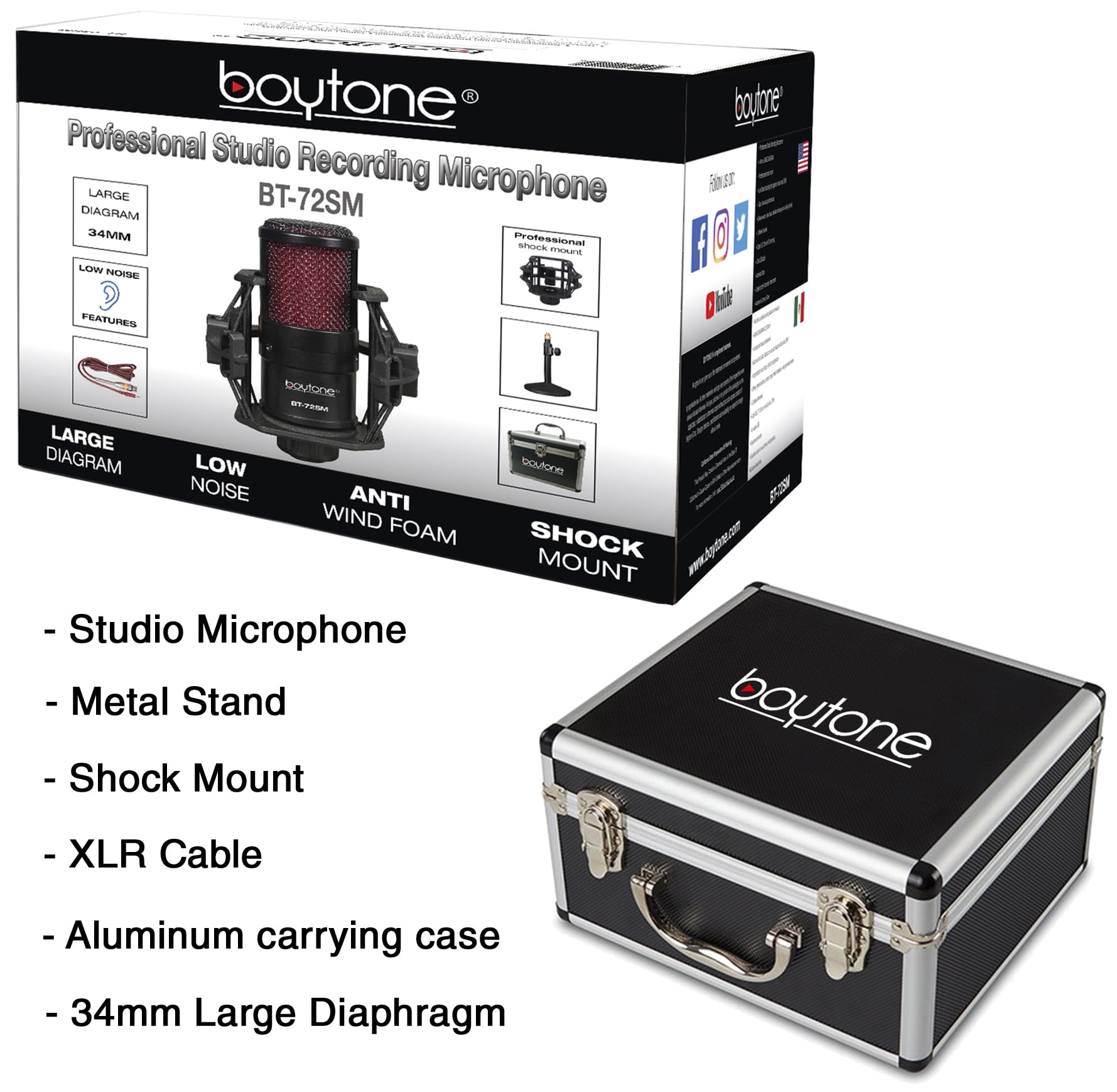 Boytone BT-72SM Professional Cardioid Condenser Studio Microphone, 34mm Large Diaphragm with Metal and Shock Mount, XLR Cable Aluminum carrying case