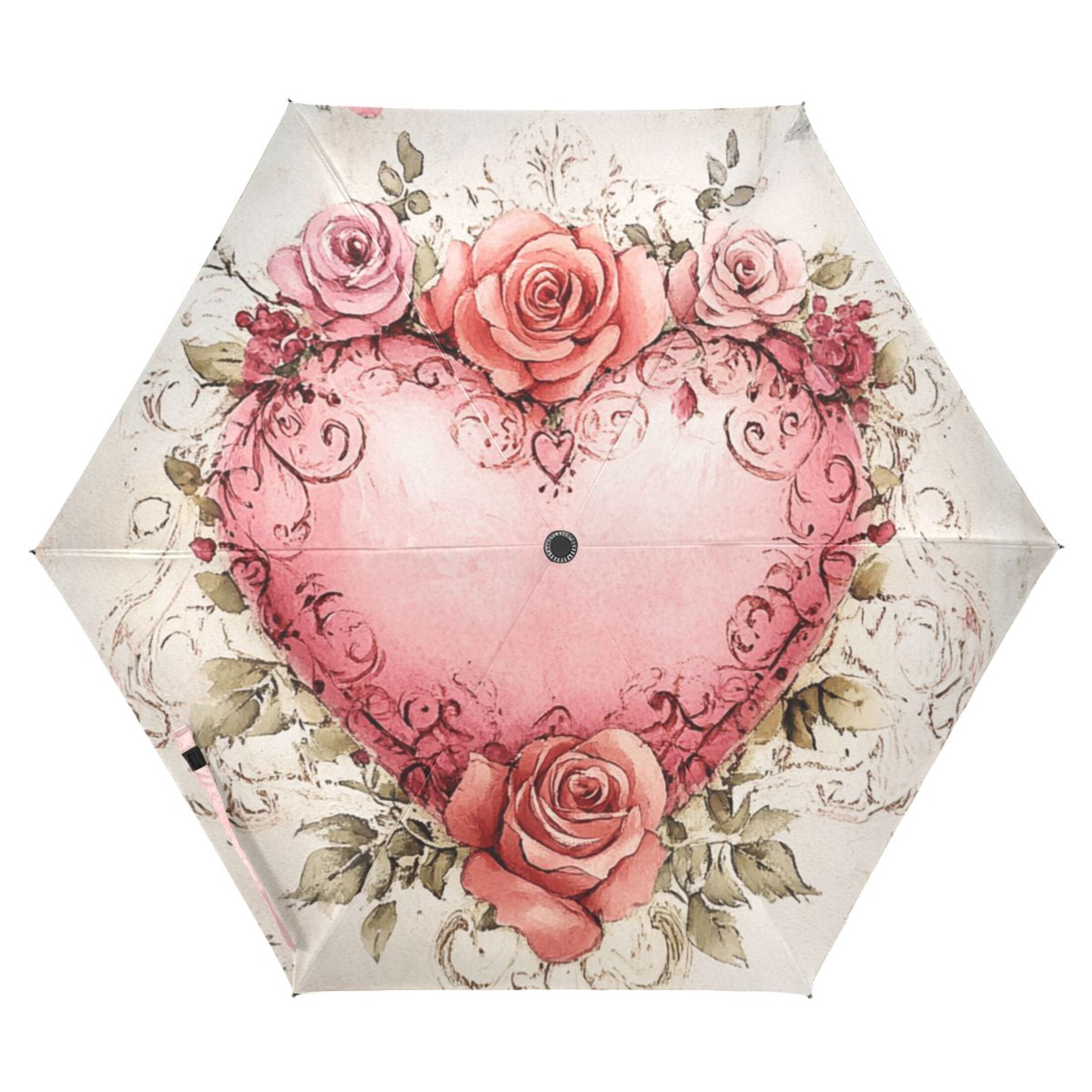 Beautiful Pink Heart with Roses Compact Sun Umbrella Windproof Travel Umbrellas for Rain Strong Portable UV Protection