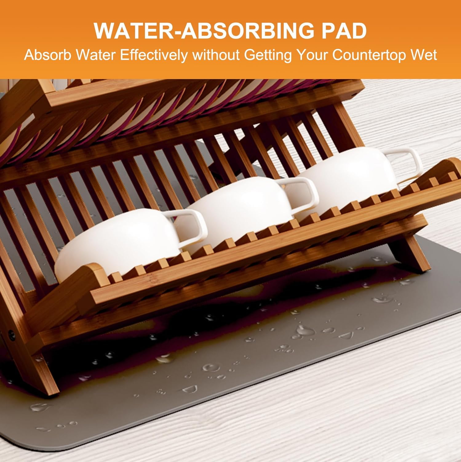 Teak Dish Drying Rack with Utensil Holder, 2 Tier Collapsible Dish Rack, Wooden Dish Racks for Kitchen Counter, Folding Drying Holder with Absorbent Dish Drying Mat