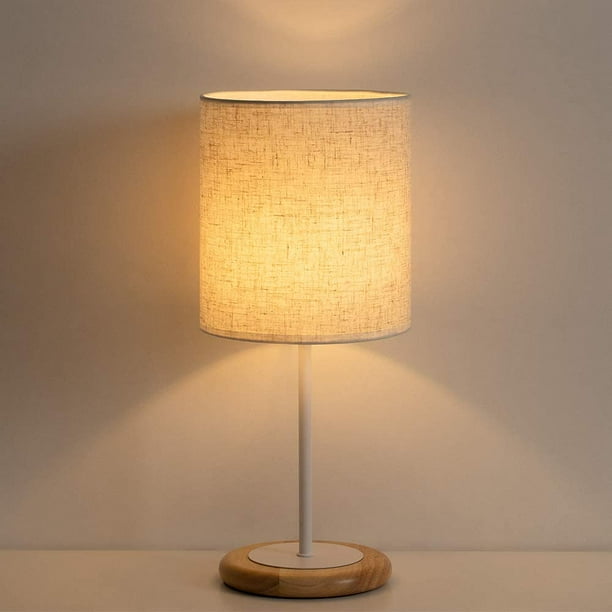 Modern Desk Lamp Linen Fabric Lamp Shade and Wooden Base White