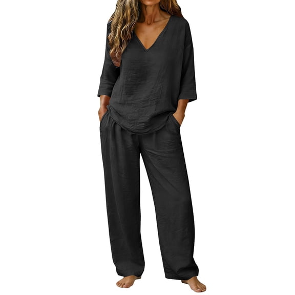 Lounge Sets for Women Women's 2 Piece Linen Sets Summer Two Piece Outfits 3/4 Sleeve Tops Casual Dress Lounge Capris Pants Set Travel Outfits QURATI L