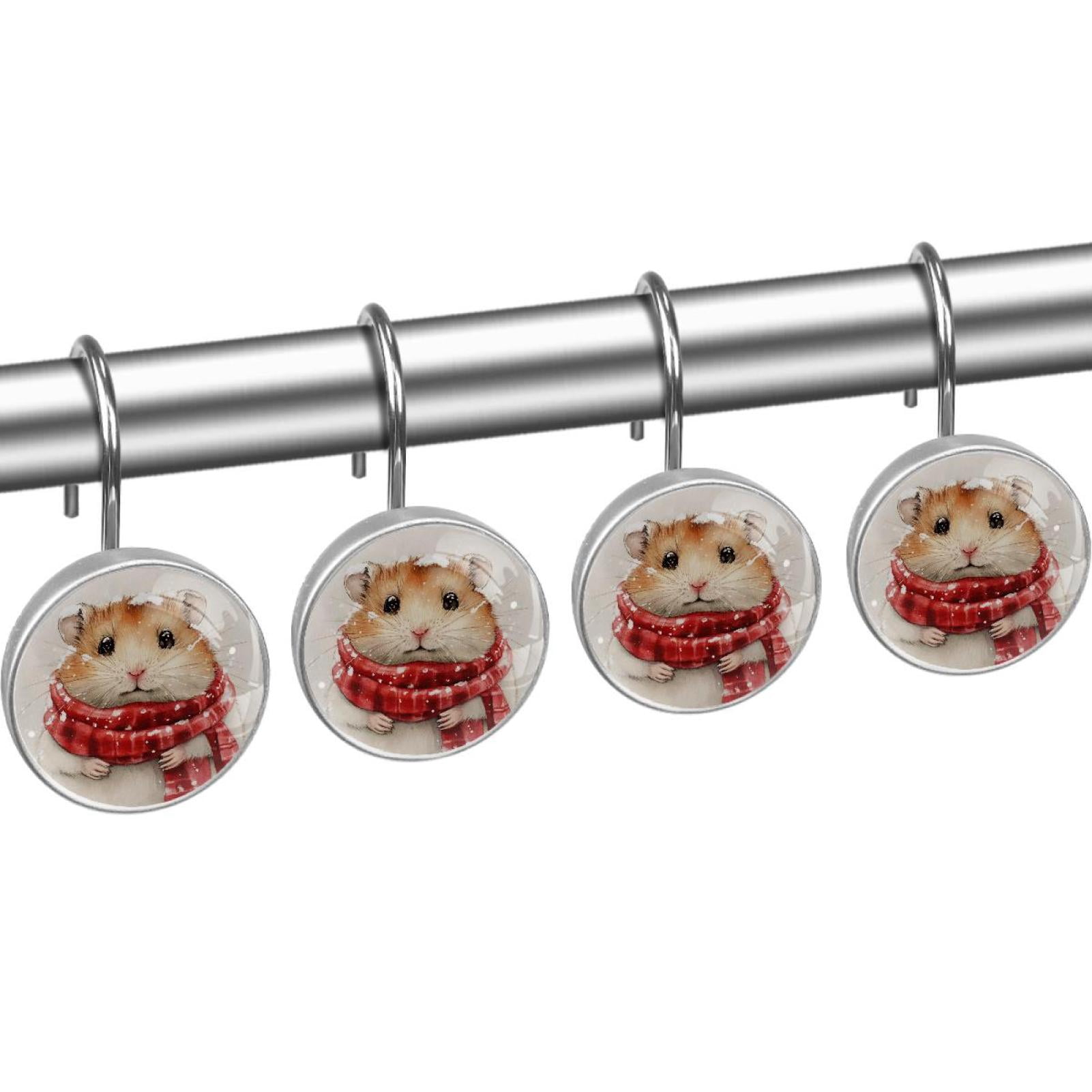 Red Checked Scarf Hamster Shower Curtain Hooks Round Crystal Glass, Set of 12 Shower Curtain Rings - Shower Hooks for Curtain Shower Rings