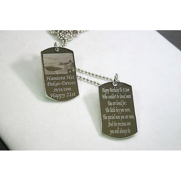 PICTURE  DOG TAG (2) PENDANT NECKLACE FREE ENGRAVE MILITARY STY STAINLESS STEEL
