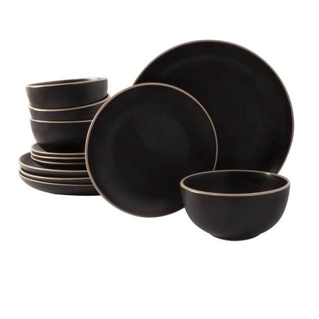 Gibson Home Rockaway Ensembles de Vaisselle en Grès Ronds, Service pour 4 (12 Pcs), Noir
