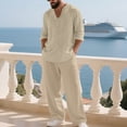 thumbnail image 2 of Awwp Men Set Linen Suit Men's Clothing Casual Beach V Neck Loose Long Sleeved Pants Sports Suit for Men Khaki XXL, 2 of 4