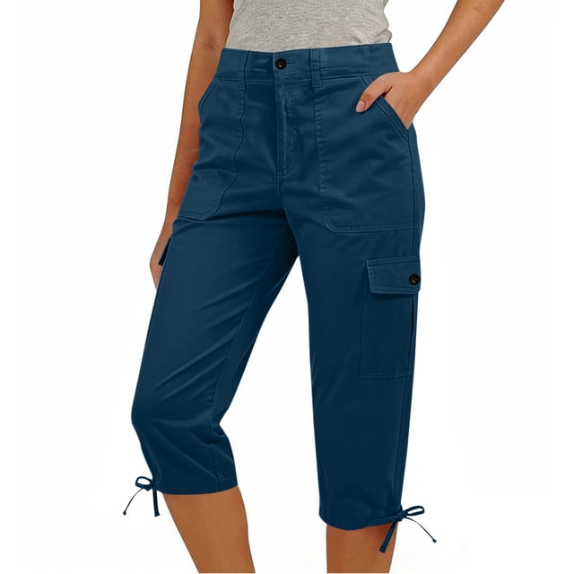 TaTaai Women's 7/8 Length Cargo Hiking Pants Straight Leg Casual Outdoor Pants with Elastic Waist Button Zipper Closure Ankle Tie and Side Pockets for Utility Wear Gift