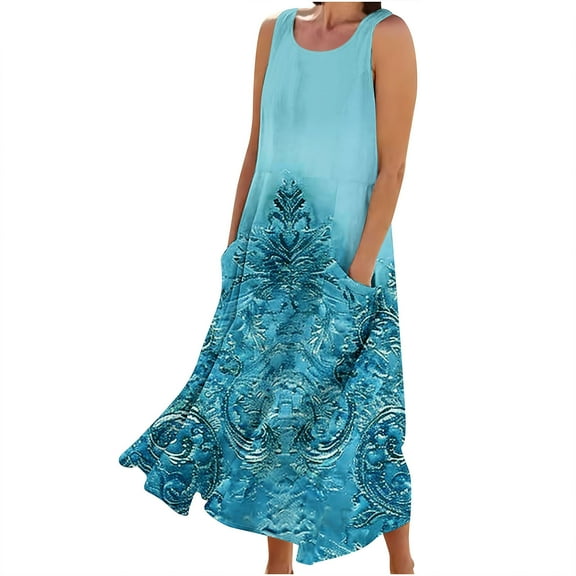 Uaswgudfs Sleeveless Maxi Summer Dresses for Women 2025 with Ornate Hem & Side Pockets – Casual Beach Sundress for Women Blue L