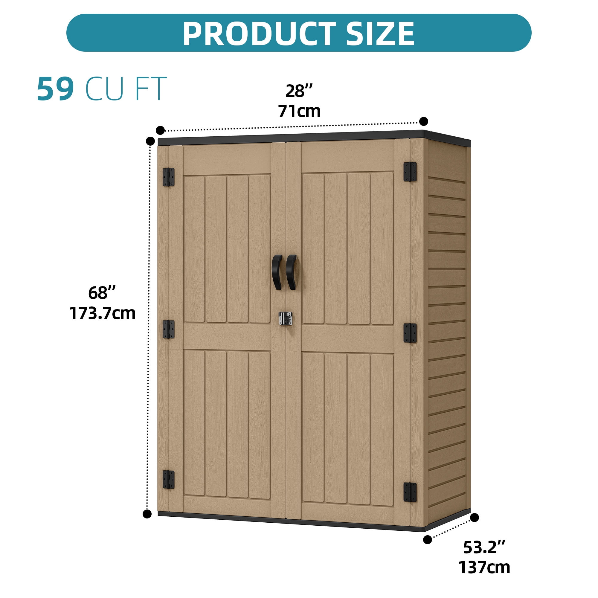 Uforic 59 Cu. Ft. Vertical Outdoor Storage Shed, Weatherproof Resin Cabinet with Double-Wall Panels & Floor, Lockable, Brown (Shelves Not Included)
