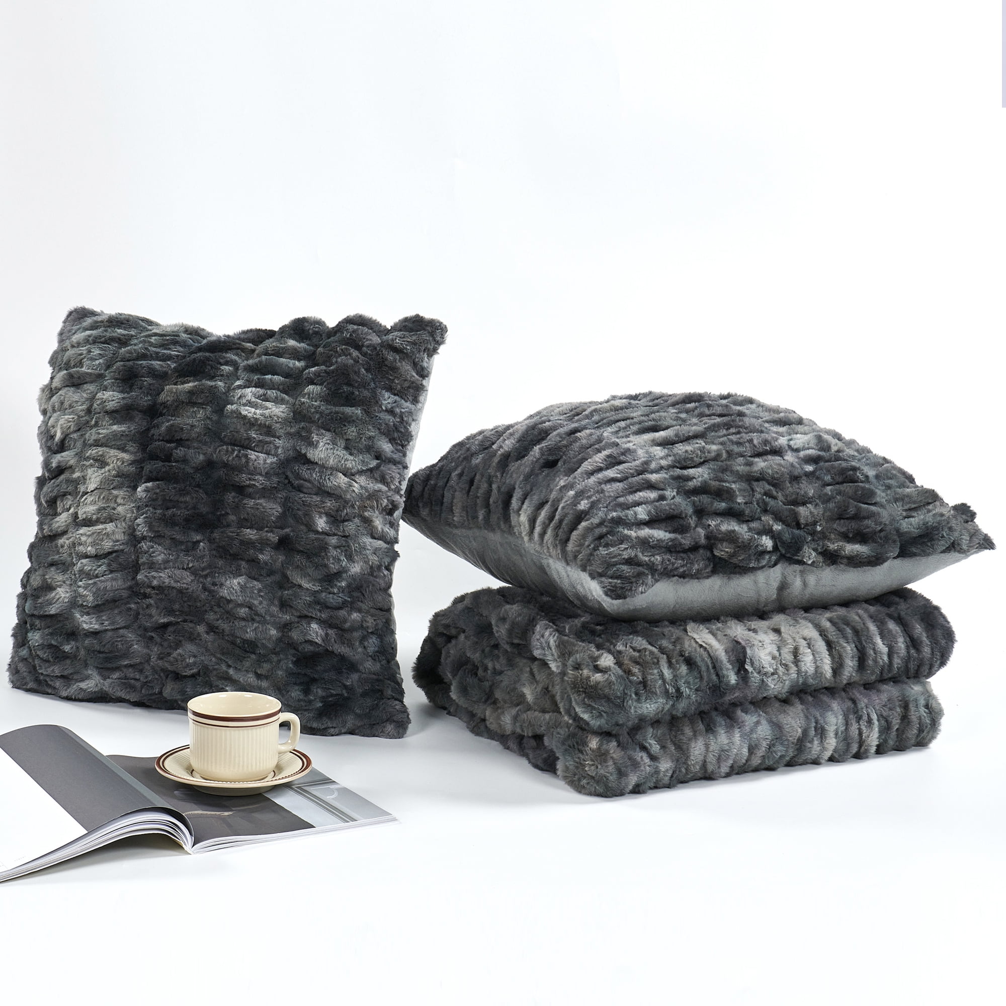 Home Soft Things Faux Fur Shar Pei Throw & Pillow Cover Combo - Meteorite - 50" x 60"/20" x 20"