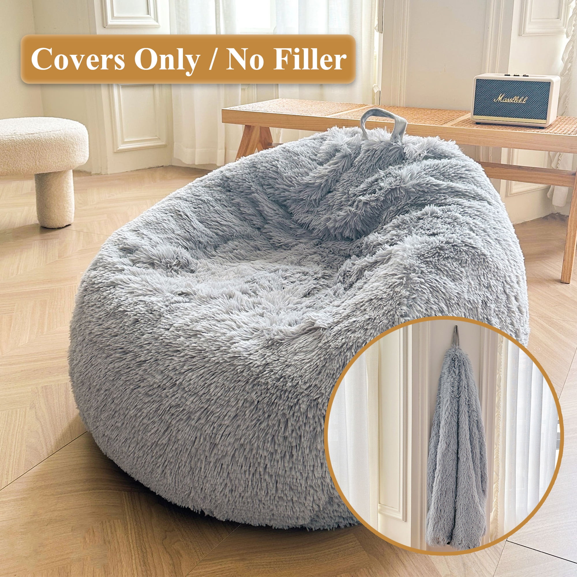 XeGe Fluffy Stuffed Animal Storage Bean Bag Cover(No Filler), Faux Fur Washable Ultra Soft Bean Bag Cover for Plush Toys or Textile,Plush Shaggy Large Beanbag for Adults Kids Teens, Light Grey
