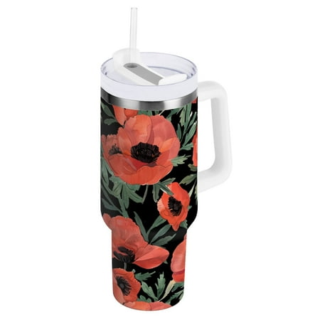 

JSTEL Poppy Flowers 40 oz Tumbler Stainless Steel Water Bottle Vacuum Insulated Cup with Straw Lid & Handle For Travel Car Cup Holder
