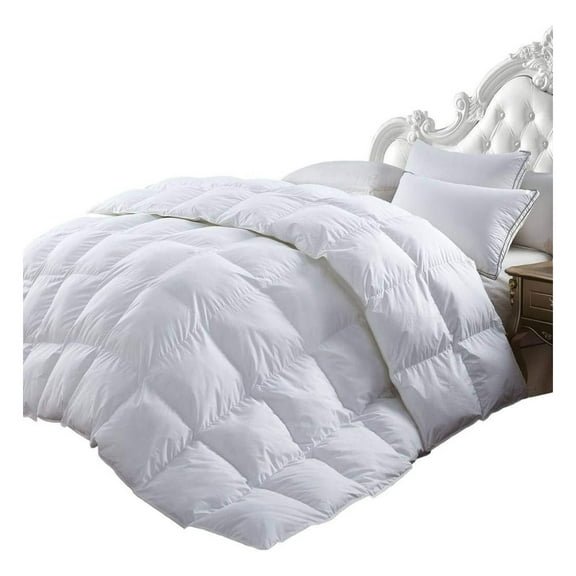 Luxurious 1200 Thread-Count King/Cal King Size Siberian Goose Down Comforter, White Solid, 100% Egyptian Cotton 750FP, 50Oz