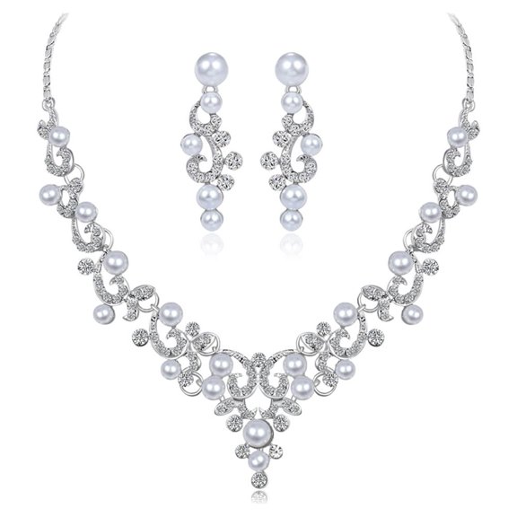 Ayyufe Fashion Alloy Rhinestone Pearl Necklace Earrings Women Bride Set