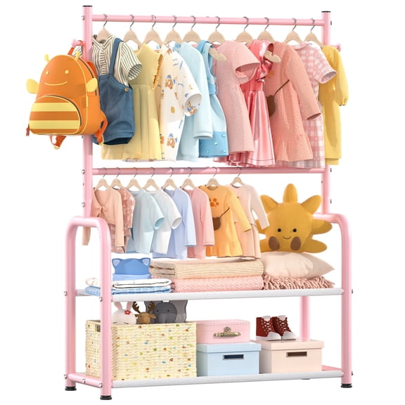 Kids Clothing Rack with Adjustable Hanging Rods and Storage Shelves, UNTIMATY Small Baby Garment Rack for Hanging Clothes, Toddler Dress Up Closet Organizer, Kids Wardrobe Storage Rack, Pink