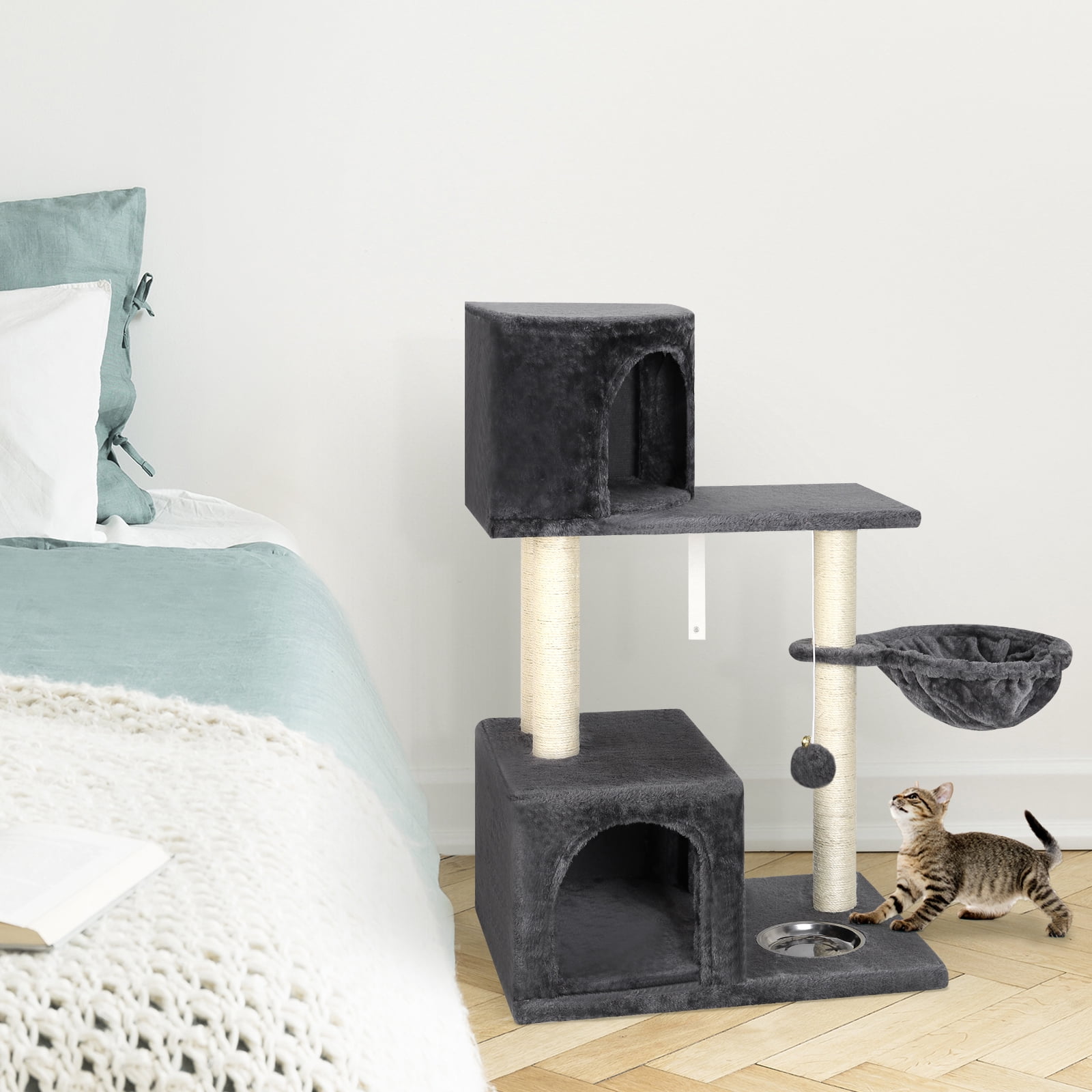 OYEAL 37'' Multi-Level Cat Tree Indoor, Multi Level Play Tower with Scratching Posts, Fur Ball & Feeding Bowl for Climbing & Resting (Grey)