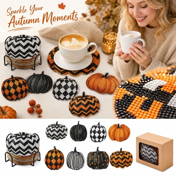 Diamond Art Coasters, Fall Diamond Art Kits for Adults, Halloween Table Decor, Diy Pumpkin Diamond Art Set with Holder, Fall Crafts for Adults, Diamond Painting Supplies for