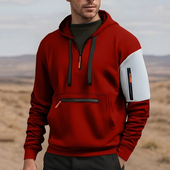 KeShDi Red Hoodie Short Sleeve Hoodie Men's Color Blocked Long Sleeved Hooded Zipper Pullover Hoodie Top Wine 3X