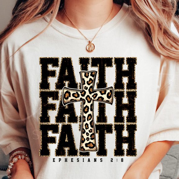 Faith Cross T-Shirt, Inspirational Christian Shirt, Leopard Print Religious Scripture Design Tee