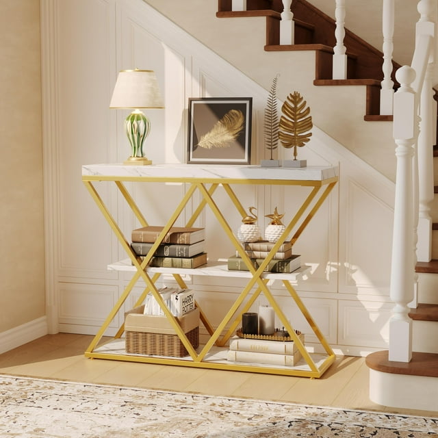 3-Tier Industrial Entryway Console Table - X-Shaped Metal Frame & Open Storage Shelves, Ideal Hallway Accent Table