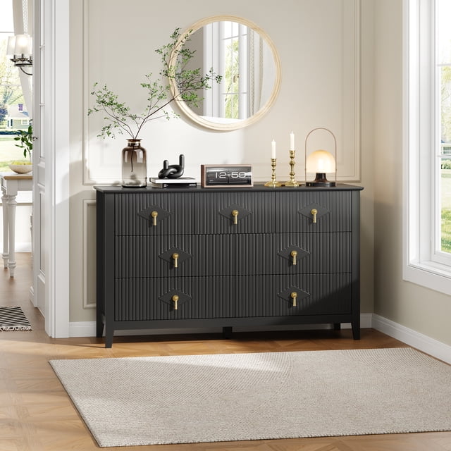 Commode Cannelée de 54 Pouces de Large à 7 Tiroirs avec Poignées Dorées, Armoire de Rangement Moderne en MDF pour Chambre, Salon, Entrée, Meuble Multimédia Polyvalent, Meuble Télé, Organisateur