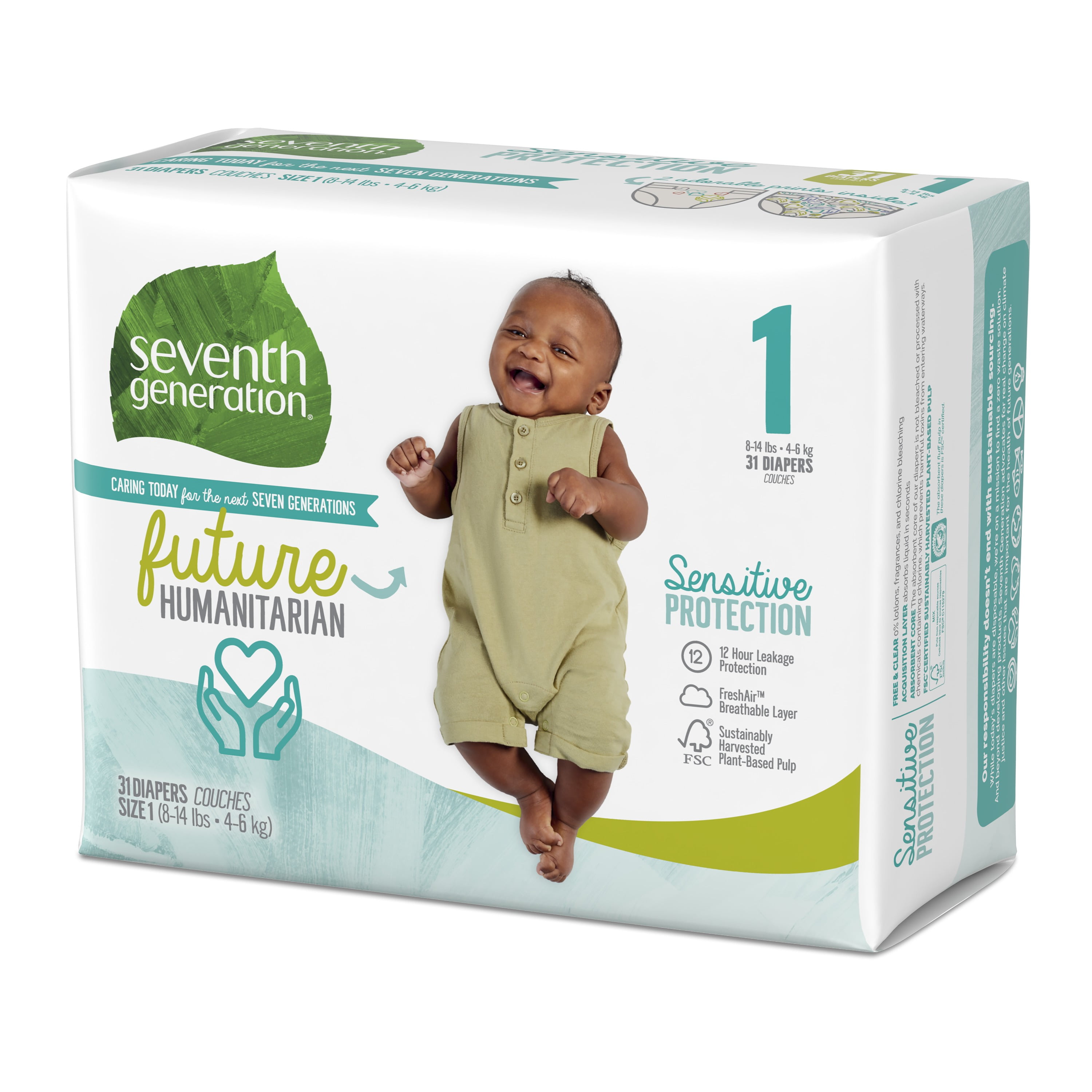 Packaging May Vary Seventh Generation Baby Diapers for Sensitive Skin 160 Count Size 1 Plain Unprinted 