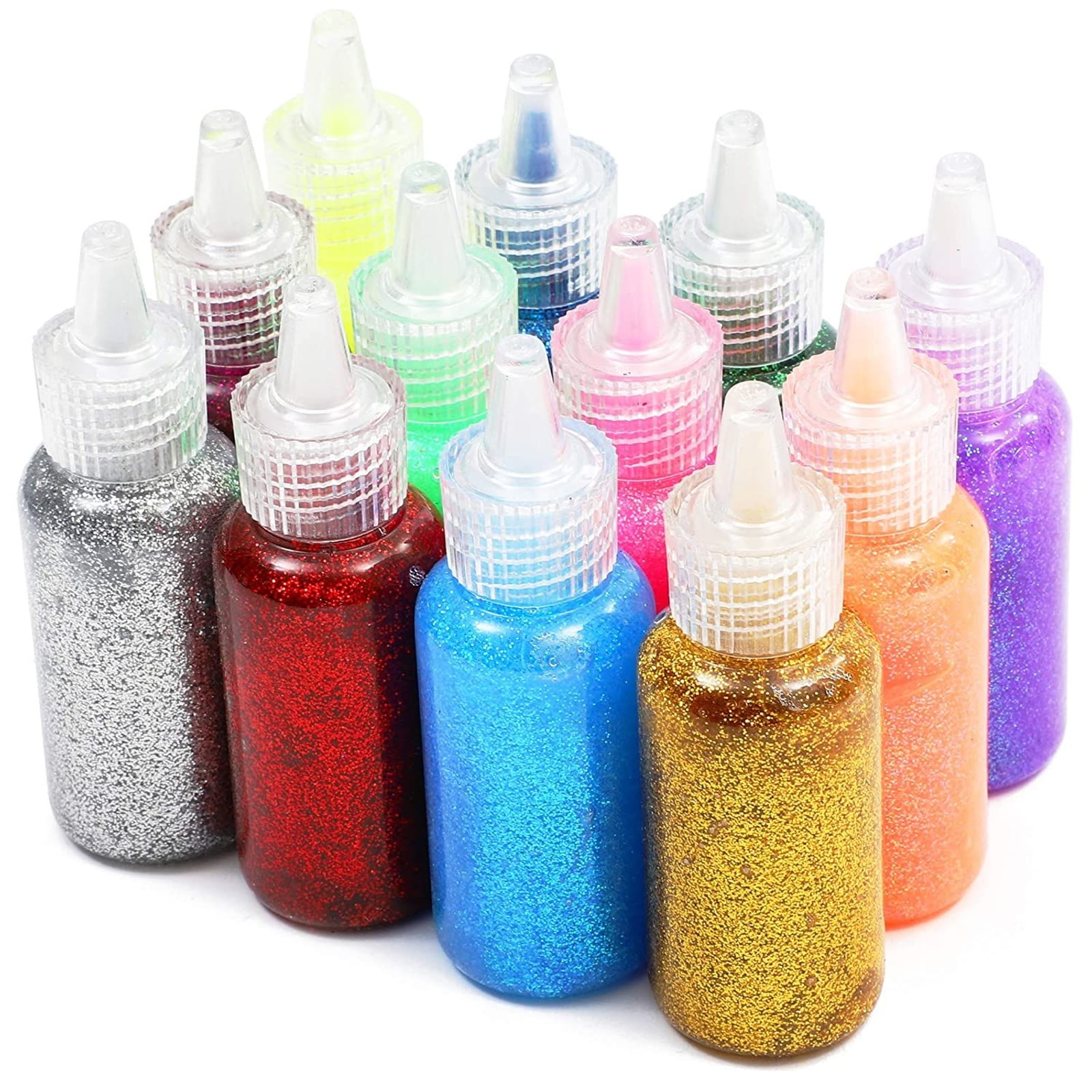 Metallic Glue with Glitter Bottles Set - 12 Rainbow Color for Arts and Crafts, Washable, 20 ml 12 Count
