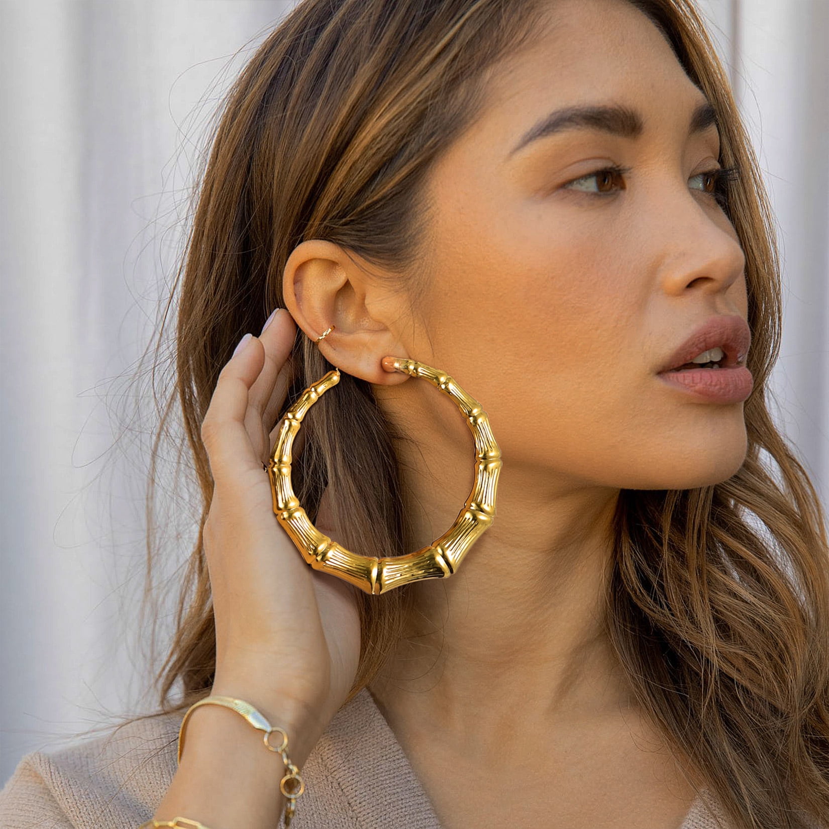 U7 Women Large Big Hoop Earring Gold Plated Bamboo Earrings 80mm Stainless Steel Christmas Gift for Mother Wife