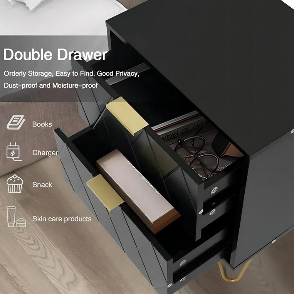 eclife Set of 2 Black Nightstand with 2 Drawers, Modern Bedside Table with Gold Handles for Bedroom or Living Room