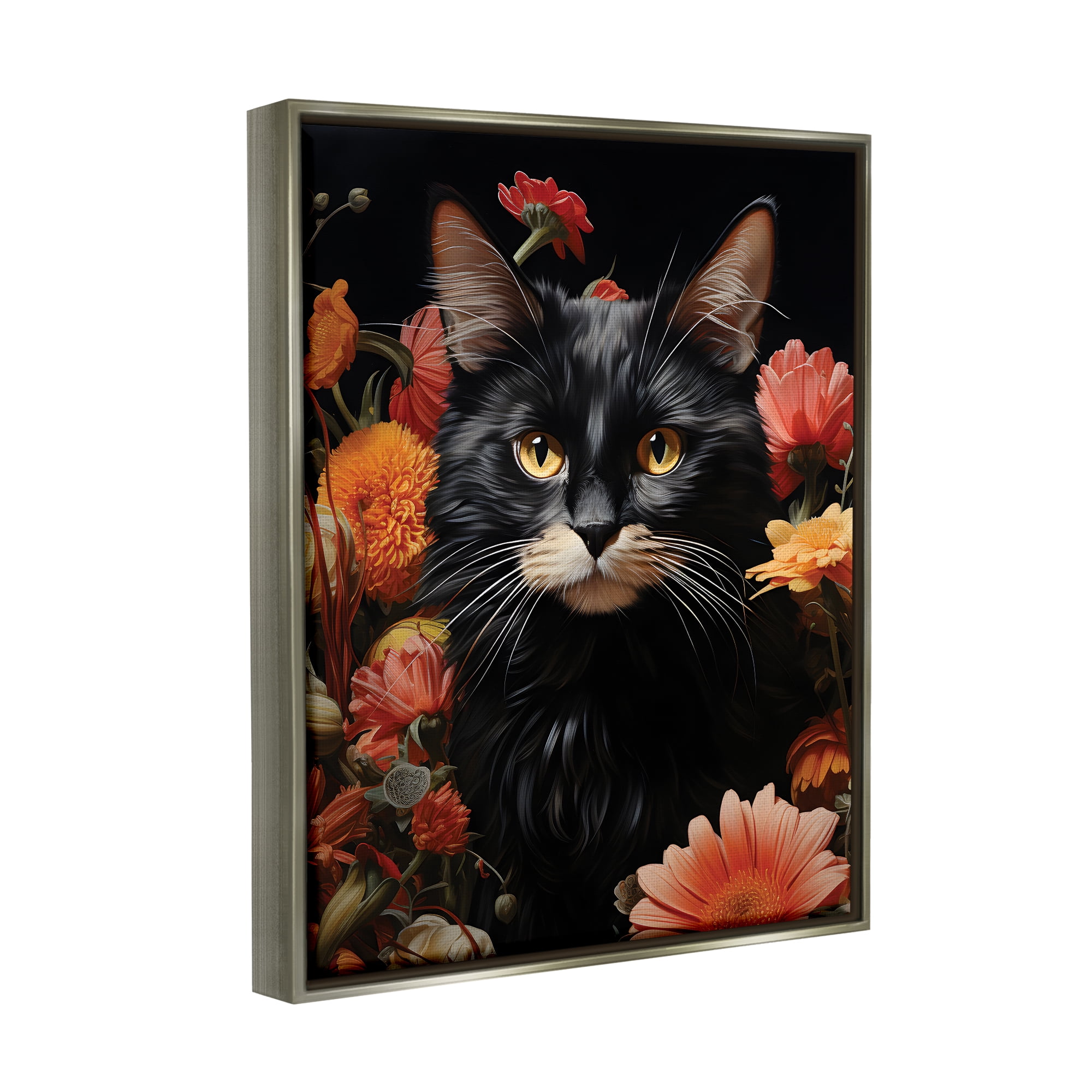 Stupell Industries Cat & Blooming Flowers Animals & Insects Painting Gray Floater Framed Canvas Art Print Wall Art, 17 x 21