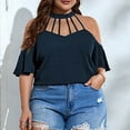 thumbnail image 6 of Olyvenn Stylish Women's Plus Size Cold Shoulder Halter Blouse Cut Out Ruffle Short Sleeve Shirt Tops Loose Casual Oversized Blouse Navy XXL, 6 of 8