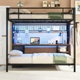 thumbnail image 5 of Aunfebrco Full Over Twin Bunk Bed with Desk Metal Loft Bed with Charging Station and Led Lights, Full Size Over Twin Bunk Bed with Drawers&Storage Shelves for Adults, Full-Length Guardrail, Black, 5 of 12