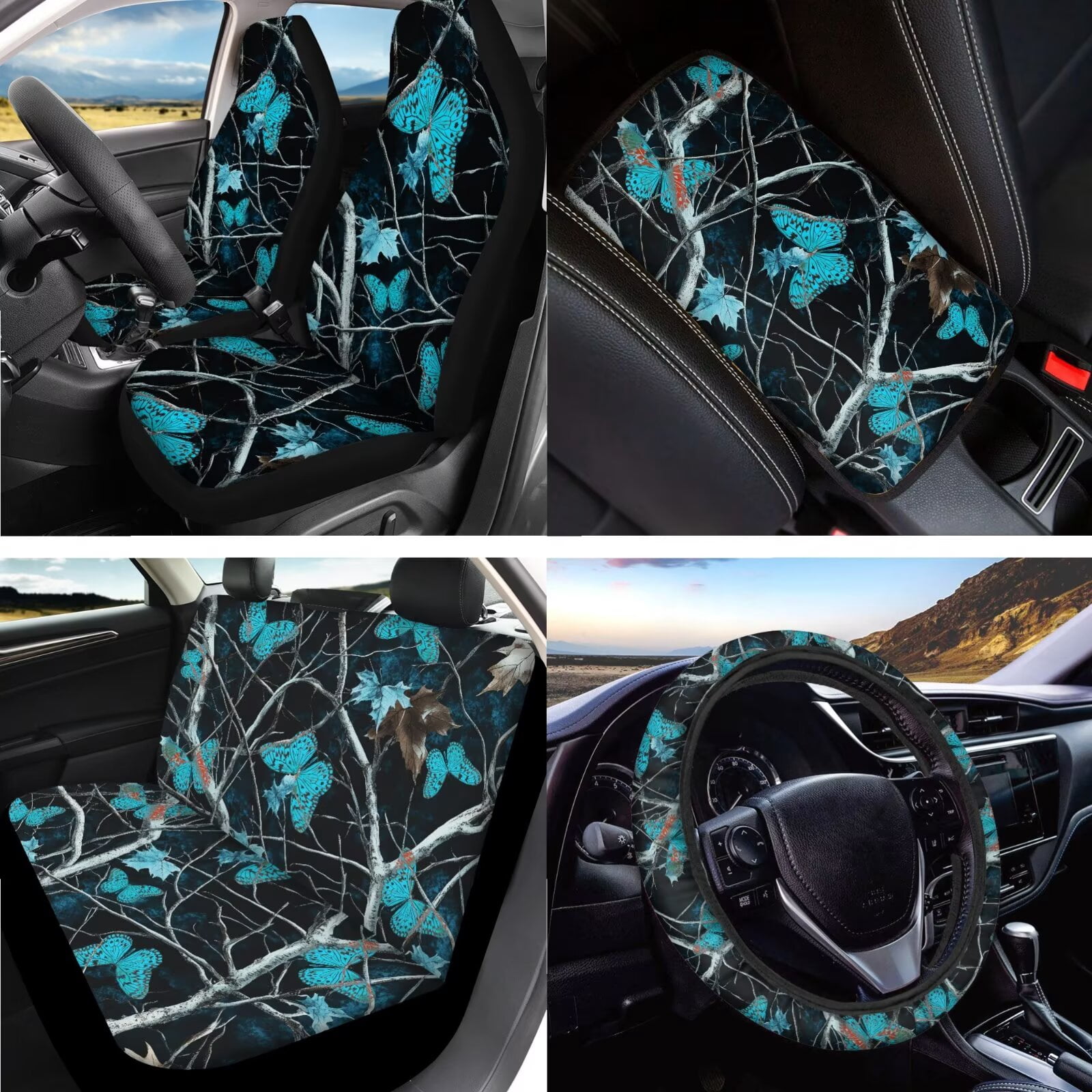 LedBack Butterfly Hunting Car Seat Cover Full Set with Car Armrest Pad Covers Non Slip Steering Wheel Covers Head Rest Covers for Cars Breathable Auto Seat Covers 15 PCS Car Accessories Set
